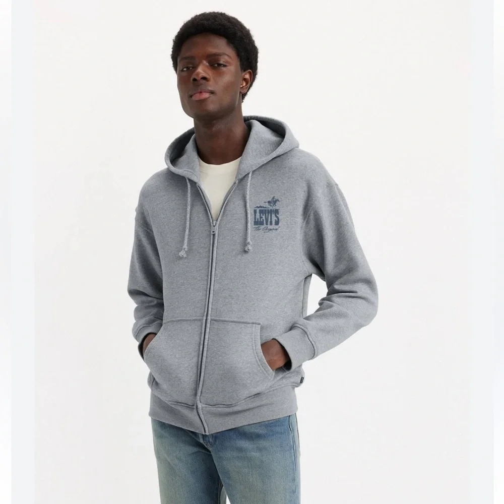 Levi's Men's Western Logo Relaxed Fit Zip-Up Sweatshirt - Light Gray new